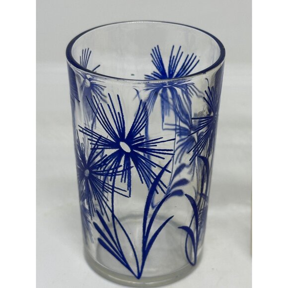VTG Hazel Atlas Swanky Swigs Juice Glass Set Cornflower Blue Yellow Floral 3.5” - Picture 4 of 9